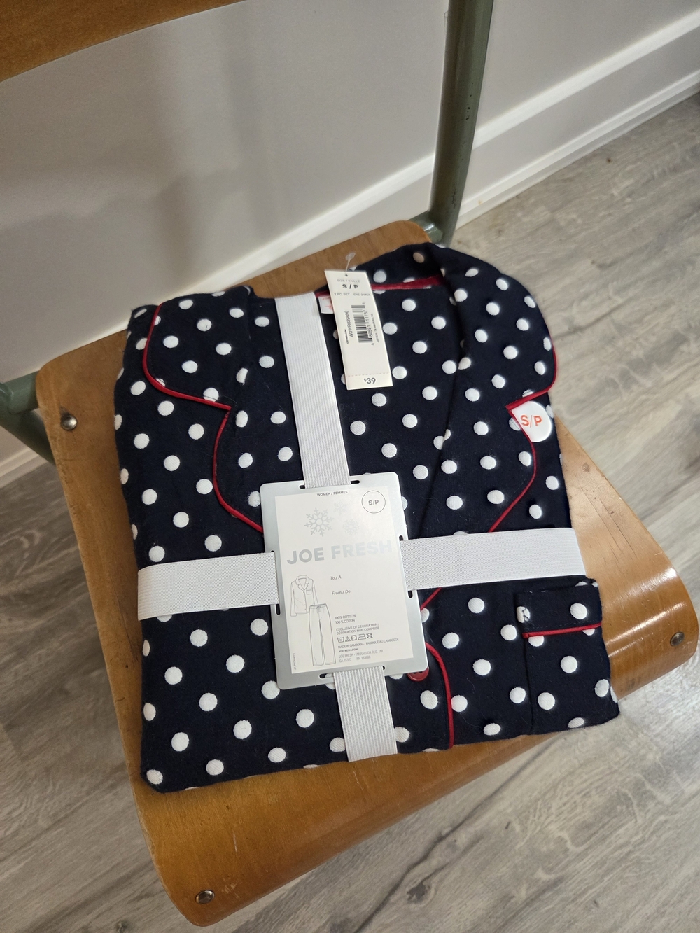 Joe Fresh Navy Polka Dot Pajama Set with White Dots and Red Piping